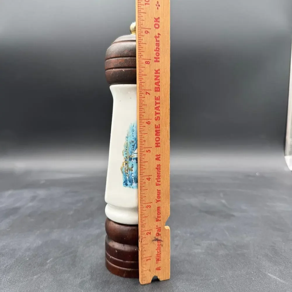 Vintage Pepper Grinder Wood and Porcelain Blue and White Winter Scene